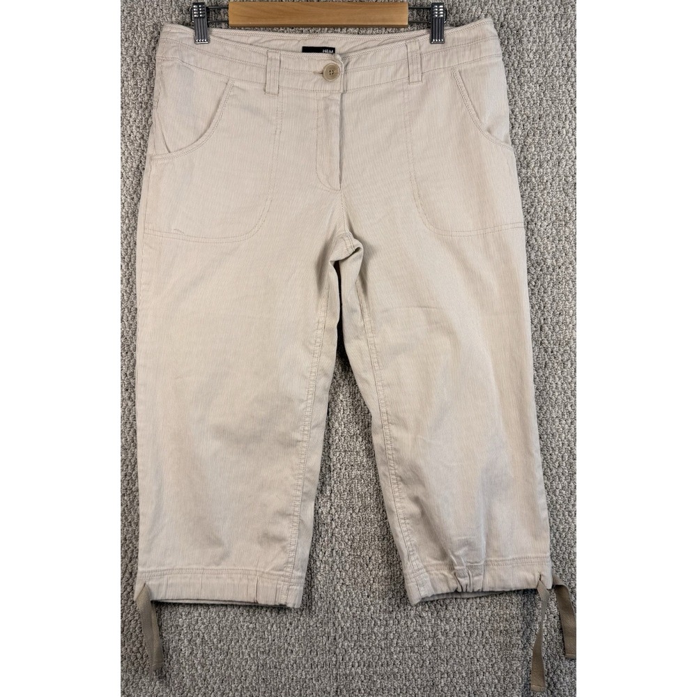 H&M Cropped Capri Pants Womens 10 Beige Pinstripe Tie Hem Cotton Casual Boho